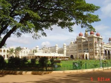 Majestic palace with domes and arches under a large tree.
