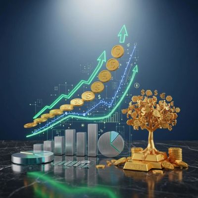 Golden coins and bars with rising financial charts and a money tree symbolizing wealth growth.