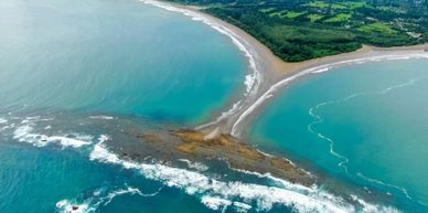 Aerial view of a beach with clear waters and greenery.