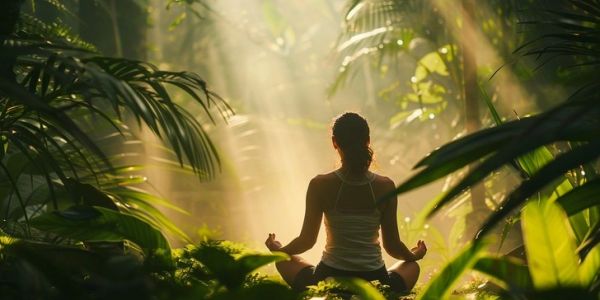 Person meditating in a sunlit forest.