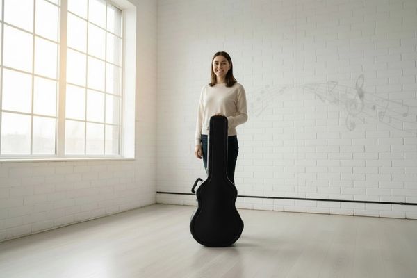 A young woman stands with a guitar case in a bright, minimalistic room.