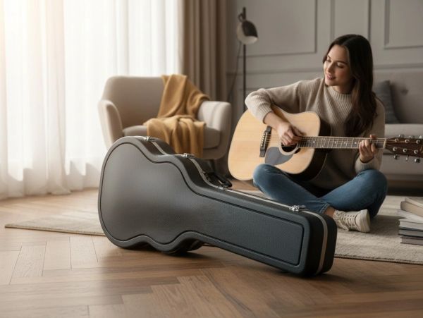A woman sitting on the floor playing an acoustic guitar in a cozy living room.