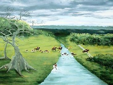 Oil painting art of animals crossing the lake