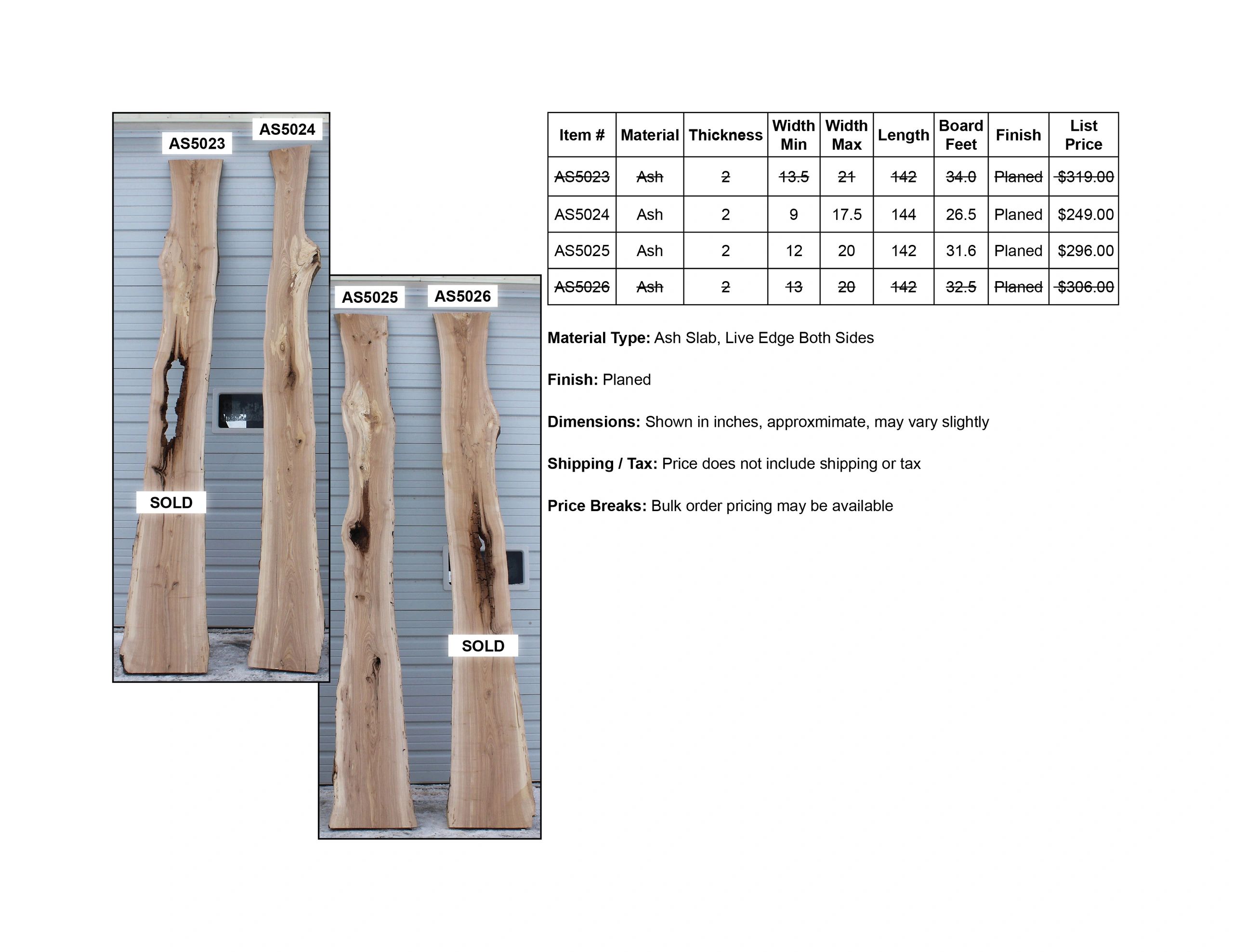 Ash wood slabs with pricing and dimensions, some sold.