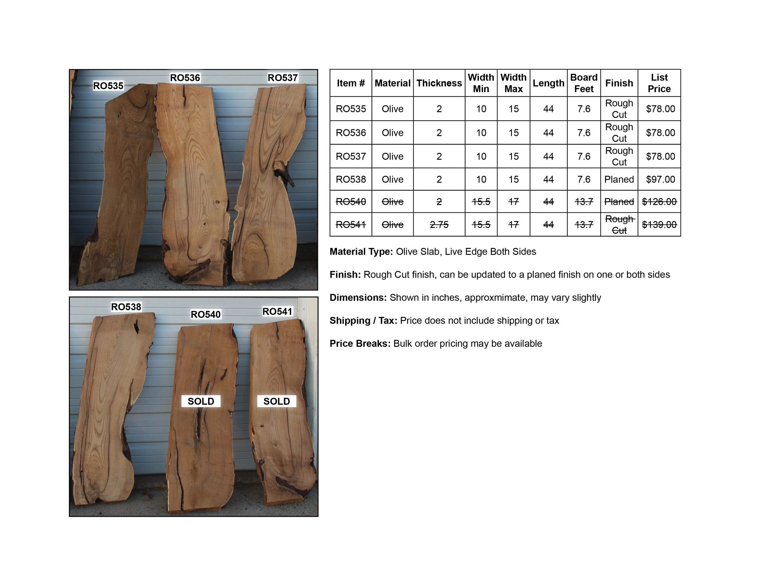 Olive wood slabs with detailed size and price chart beside them.
