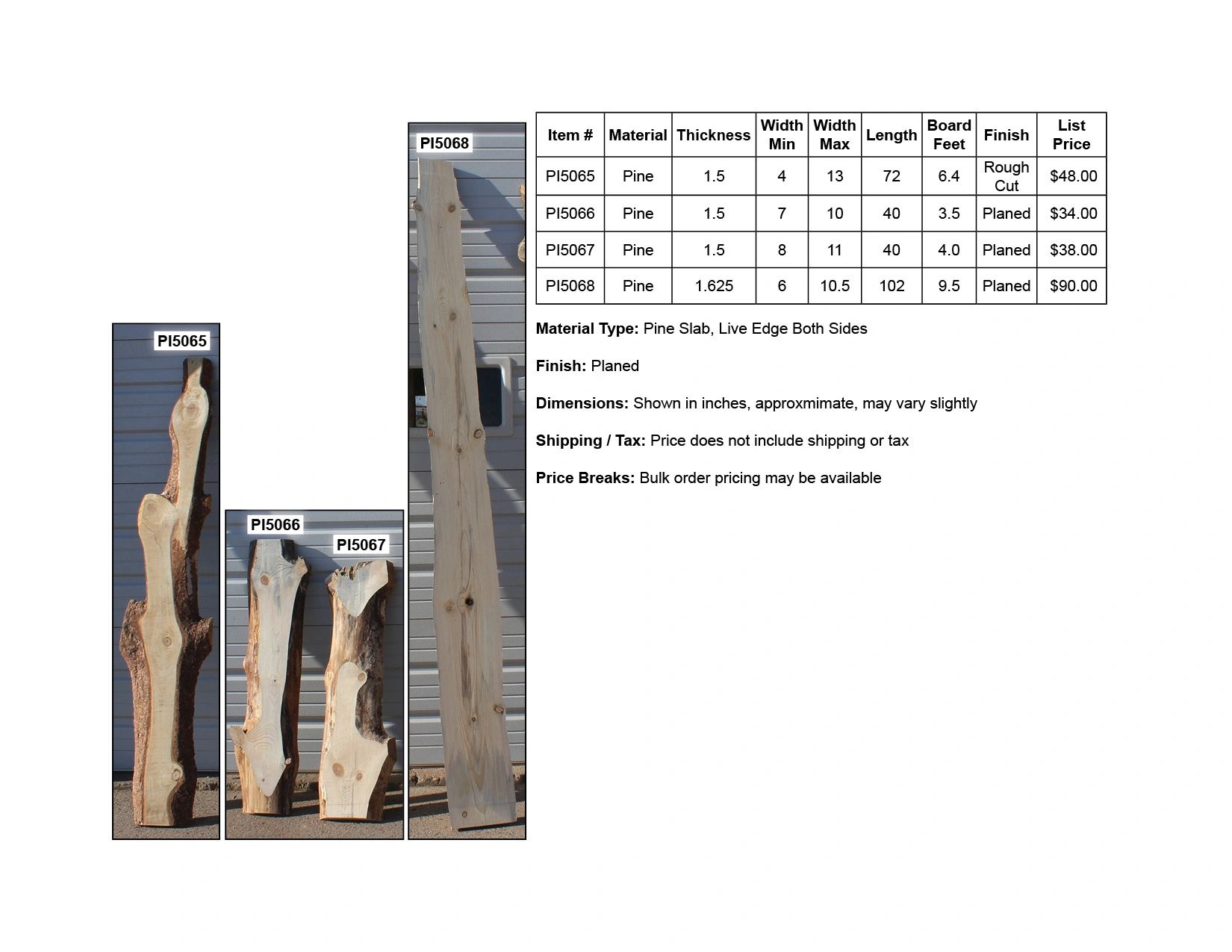 Images and specs of pine slabs with prices and dimensions.