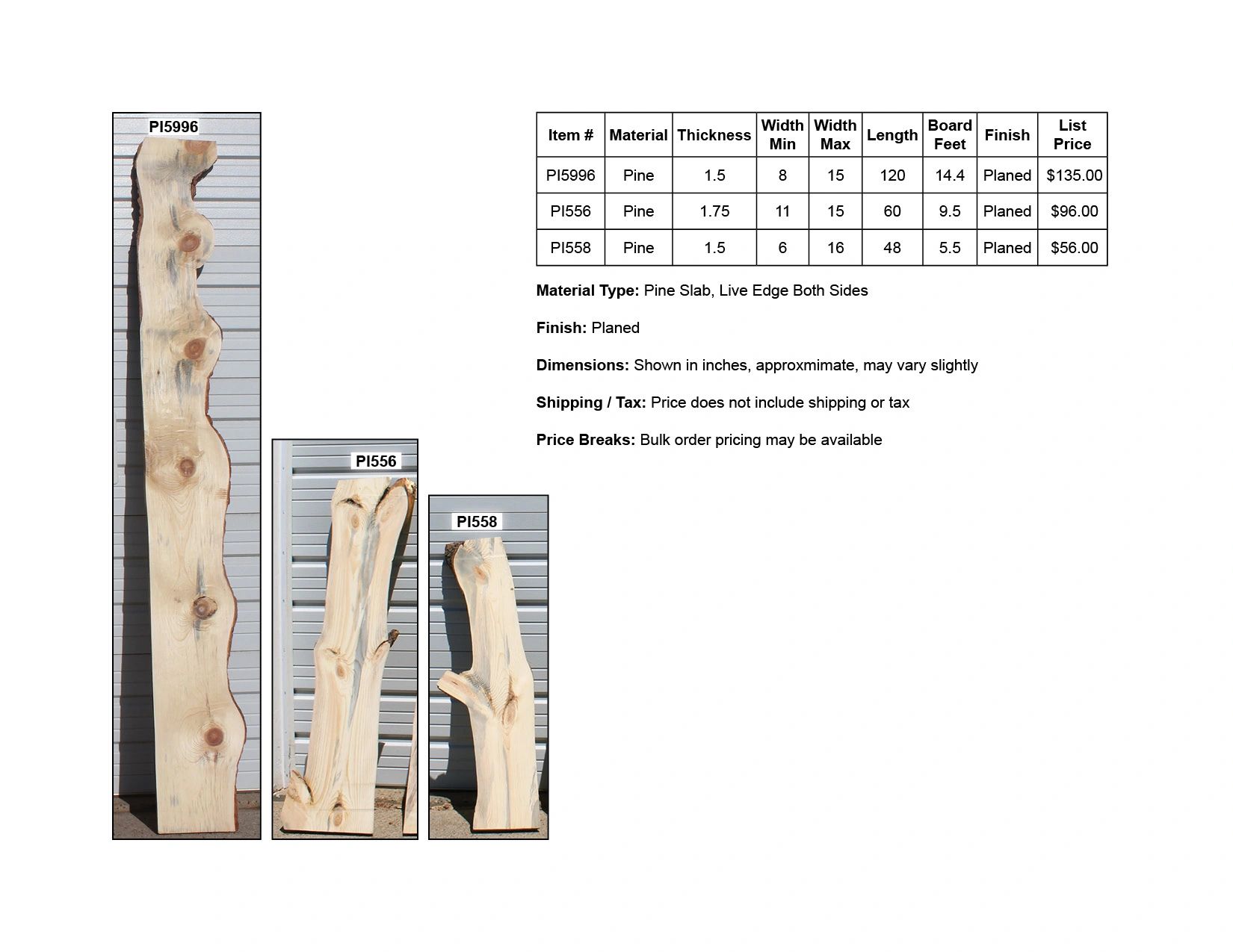 Images of three pine slabs with dimensions and prices listed.
