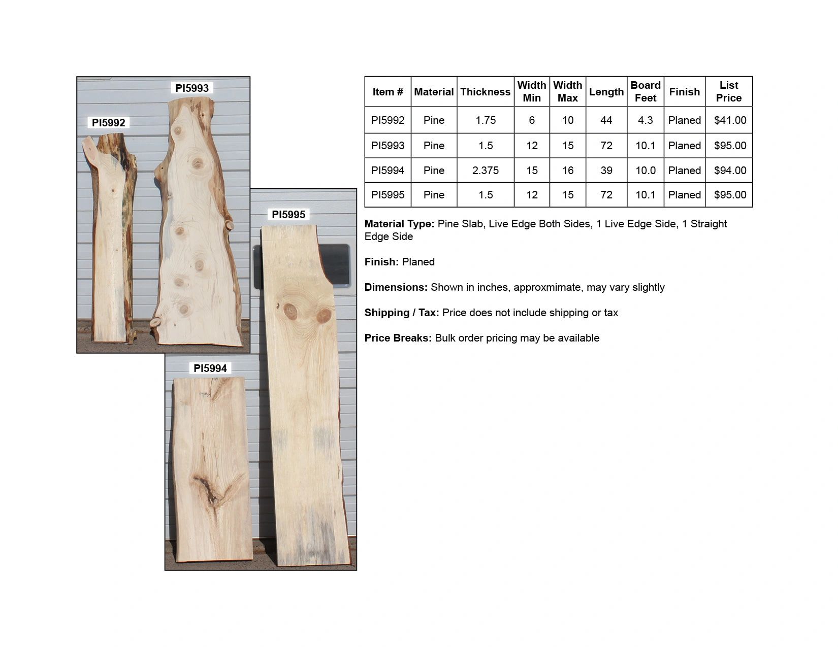 Image showing four pine slabs with specs and prices.