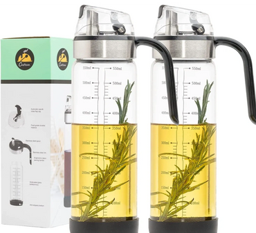 Olive Oil Dispenser, Auto Flip Oil Vinegar Dispenser Set, Non-drip Clear Glass Oil Container 18 OZ w