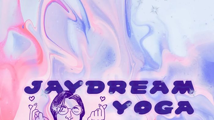 pastel marbled background with text reading "jaydream yoga" next to an illustration of jaydream peak