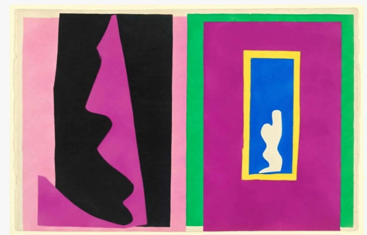 Abstract geometric shapes in bold colors with a silhouette figure in blue frame.