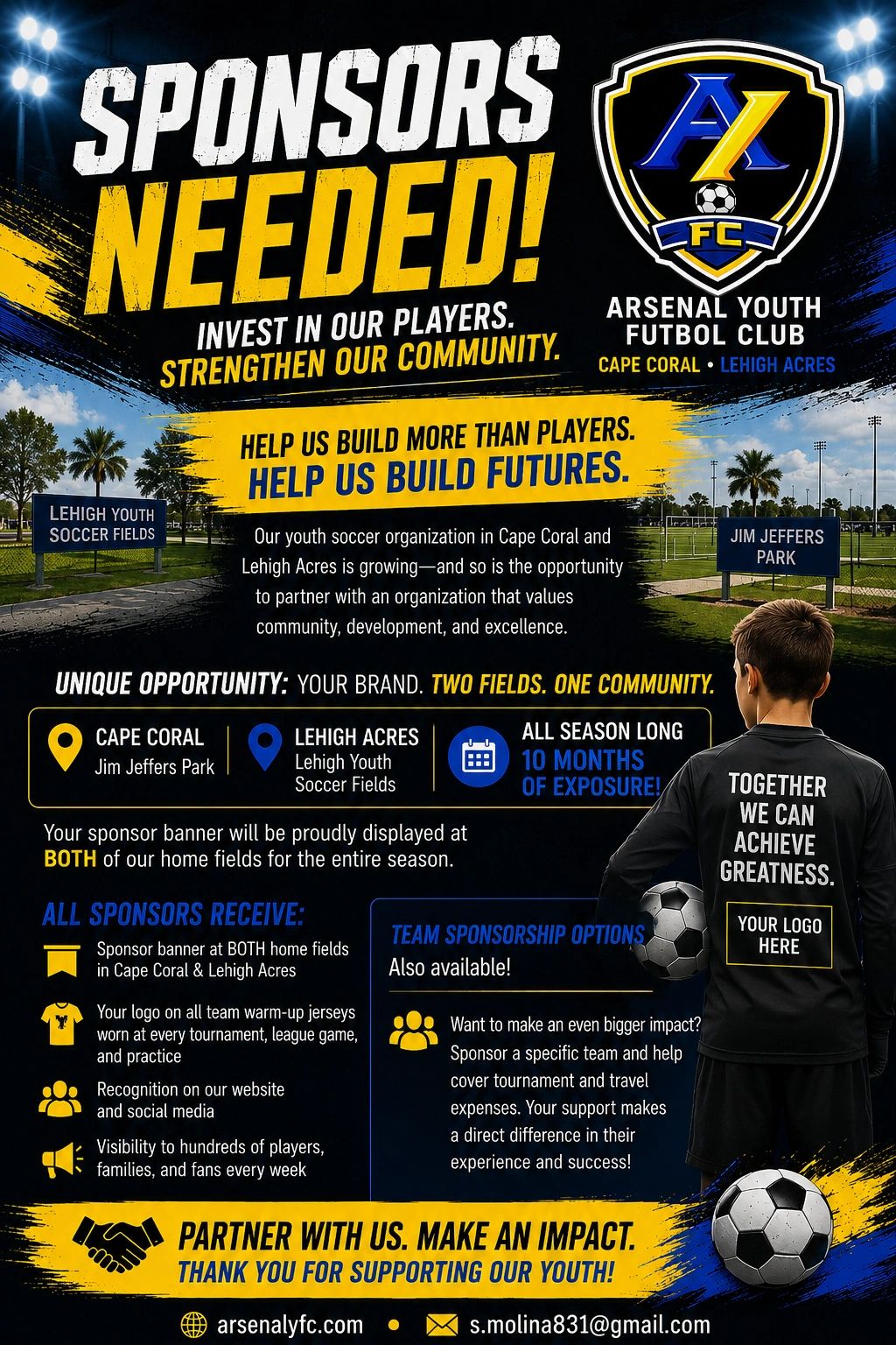 Sponsorship opportunity for Arsenal Youth Futbol Club in Cape Coral and Lehigh Acres.