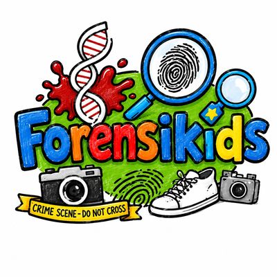 Colorful "Forensikids" logo with DNA, magnifying glasses, fingerprints, and crime tools.