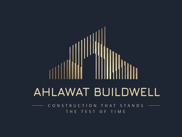 A stylish gold and black logo for Ahlawat Buildwell construction company.
