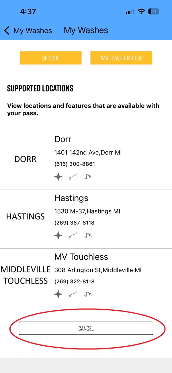 App screen showing supported car wash locations with contact details.