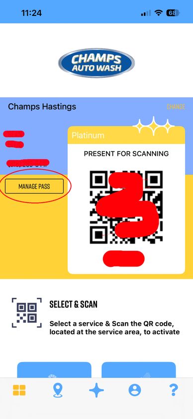 Champs Auto Wash app showing a Platinum pass with QR code for scanning.