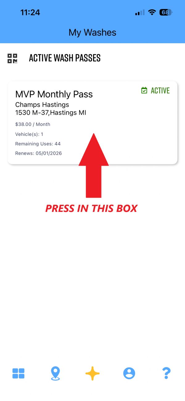 Mobile app screen showing active MVP Monthly Pass for car washes.