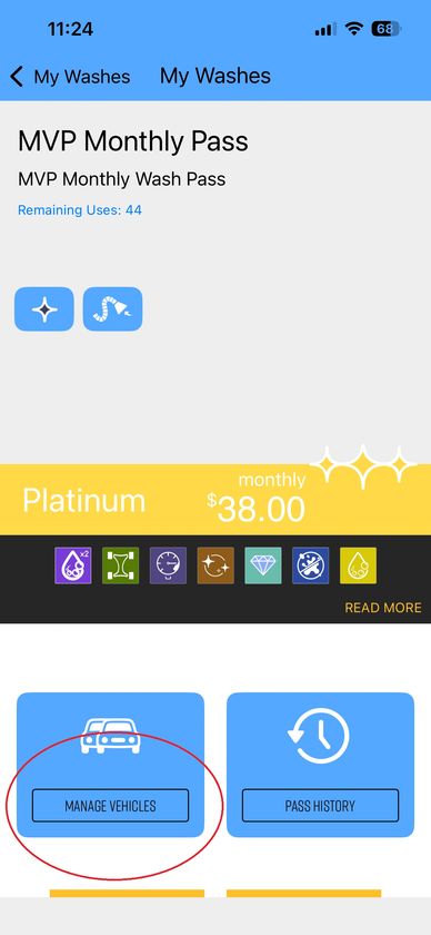 Car wash app showing MVP Monthly Pass details with 44 uses left.
