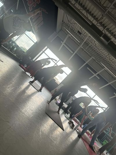 Group yoga class stretching in a sunny studio.