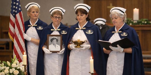 Four nurses in traditional uniforms participate in a ceremonial event indoors.