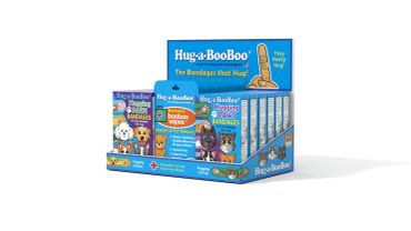 Display box of Huga-BooBoo dog products.