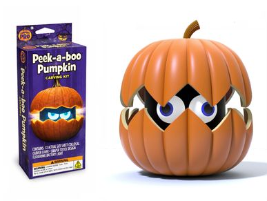 Peek-a-boo pumpkin carving kit with glowing eyes.