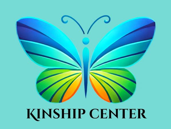 Colorful butterfly logo with 'Kinship Center' text below on a turquoise background.