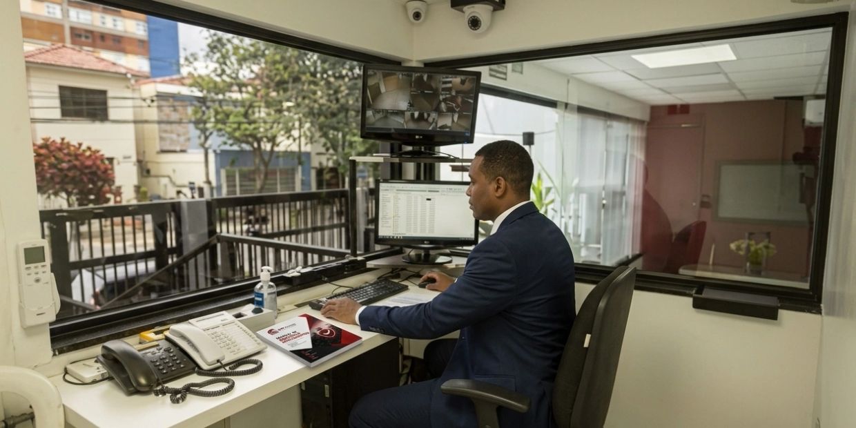Security guard monitoring multiple surveillance screens in a control room.
