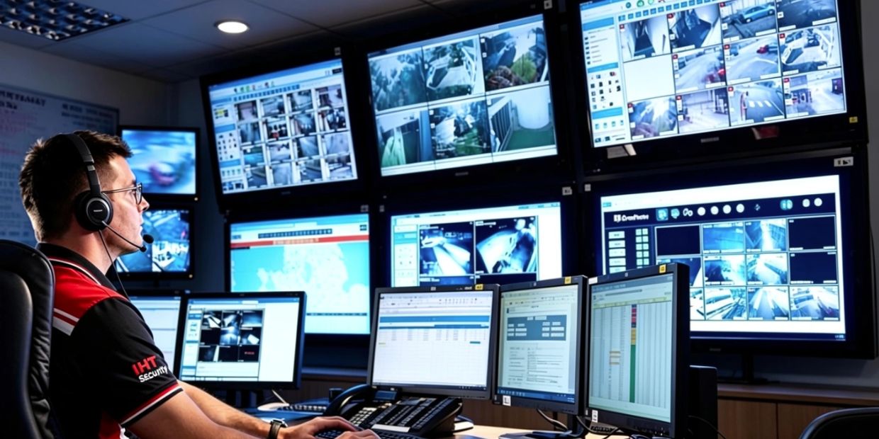 Security officer monitoring multiple surveillance feeds on numerous screens.