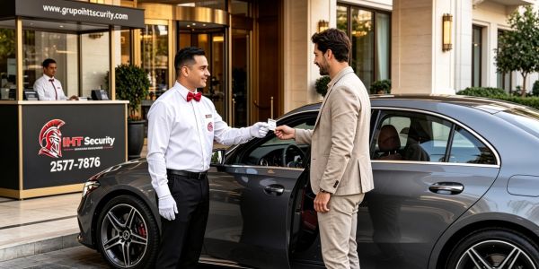 A valet attendant receives car keys from a man in a suit outside a hotel.