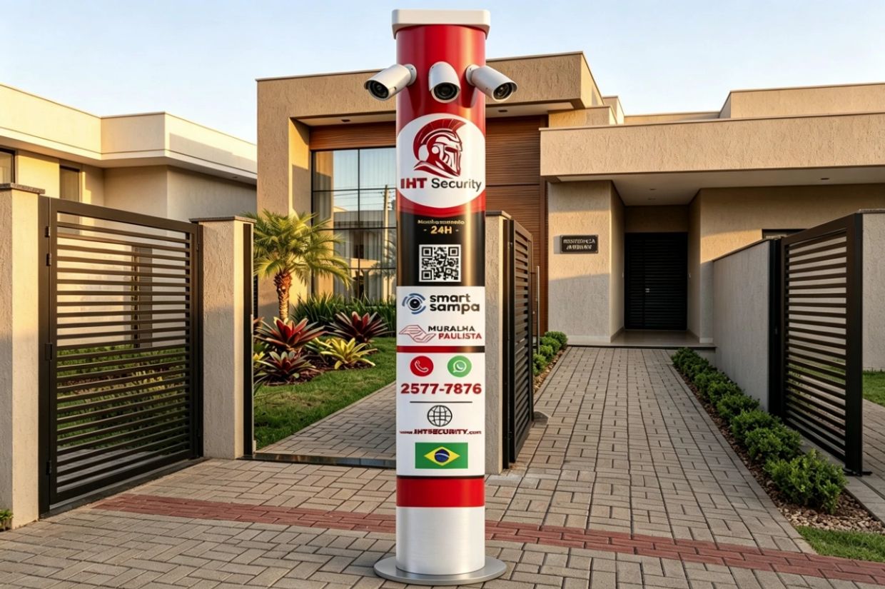 Security camera pole with multiple cameras in front of a modern home entrance.