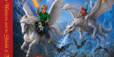 Two winged creatures, a horse and a dragon, in a fantasy battle scene.