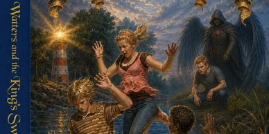 Children encounter a dark angel near a lighthouse at dusk.
