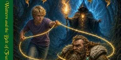 A young boy uses magical rope against a dark wizard, guarding a dwarf warrior.