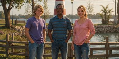 Three friends smiling outdoors by a waterfront fence on a sunny day.