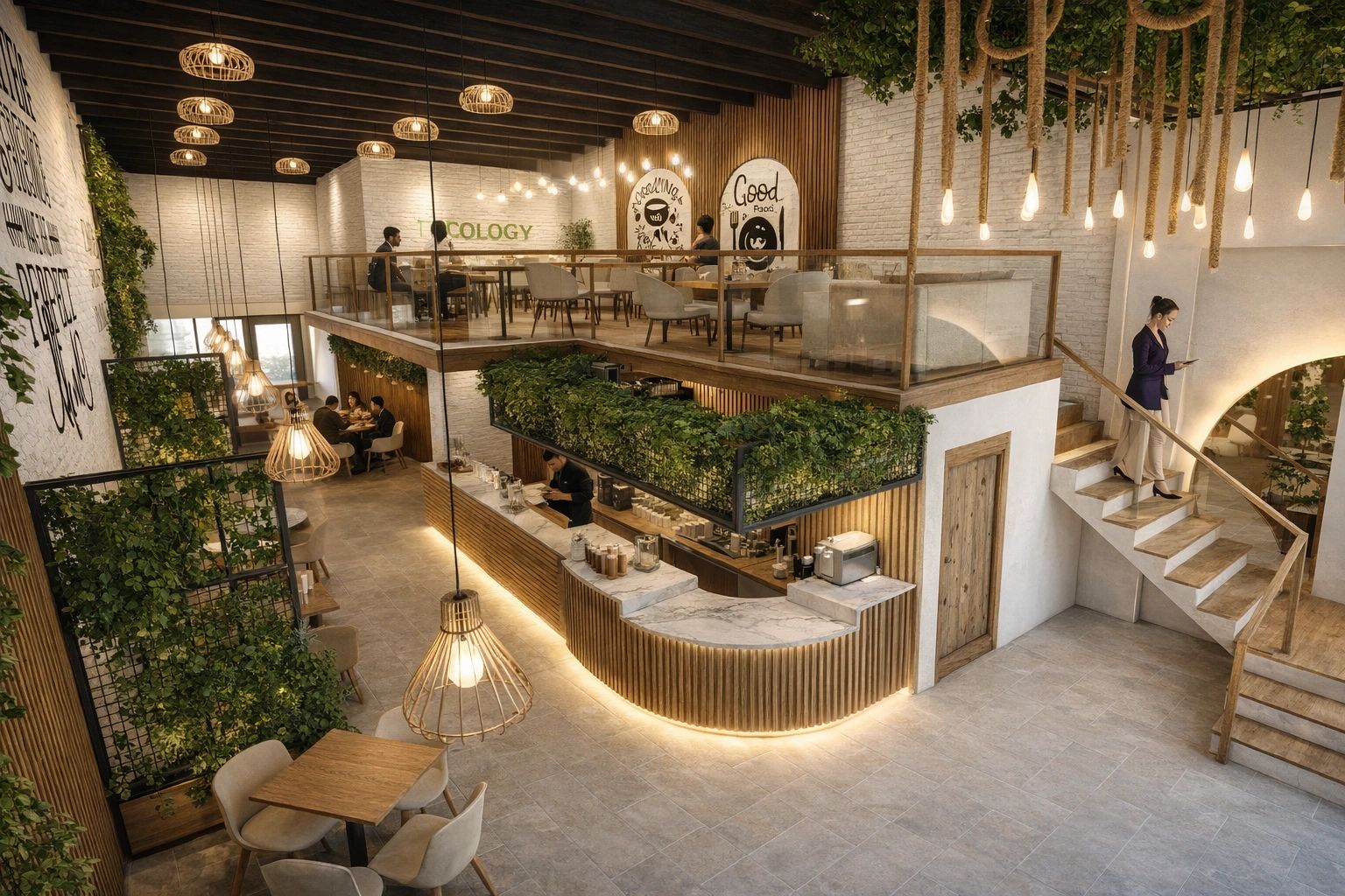 Modern cafe with greenery, wood accents, and warm lighting.