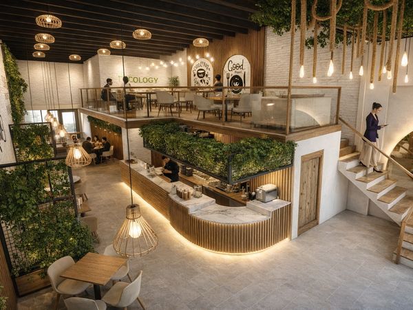 Modern two-level café with warm lighting, greenery, and wooden accents.