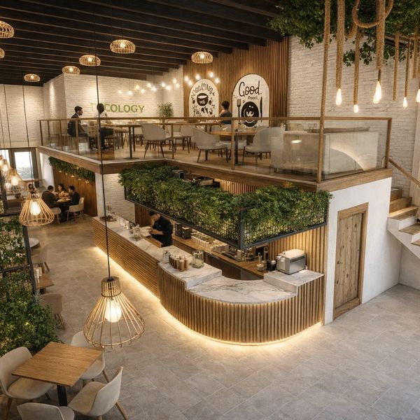 Modern two-level cafe with wooden accents, greenery, and warm lighting.