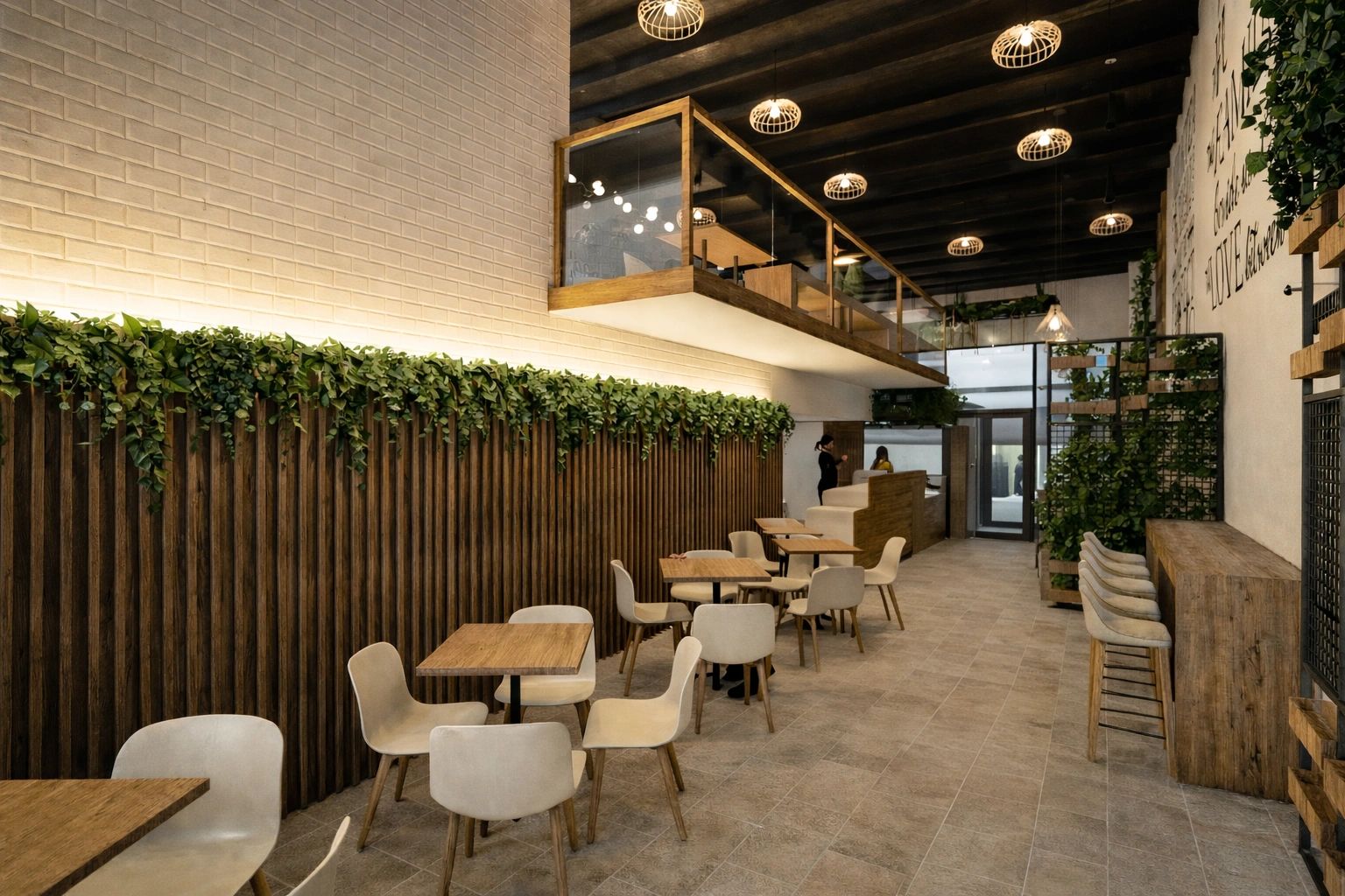 Modern cafe with wooden furniture, plants, and warm lighting.