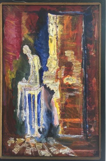 Abstract painting with a figure sitting on a chair.
