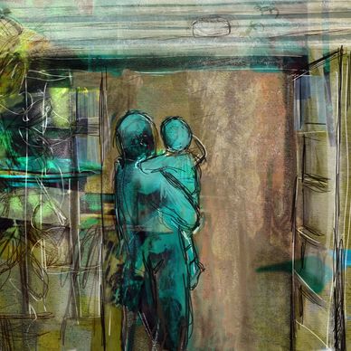 Abstract painting of a person holding a child in a room.
