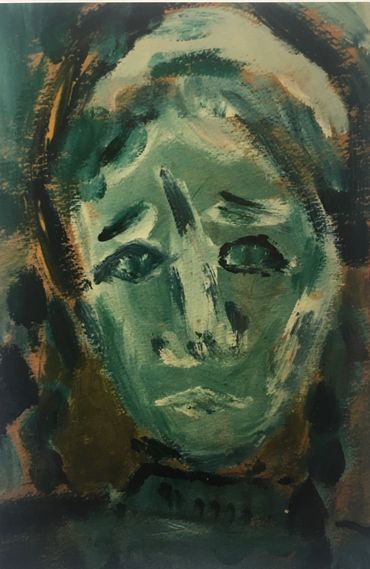 Abstract painting of a somber face in green tones.