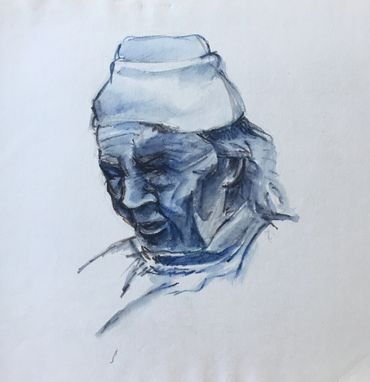 Blue-toned sketch of an elderly person wearing a hat.
