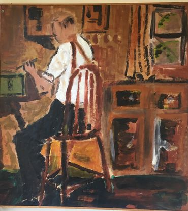 Painting of a man sitting at a table inside a room.