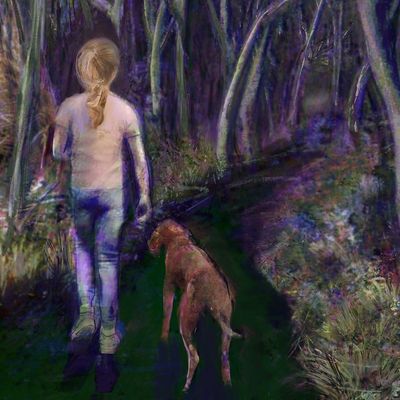 Girl walks with dog on forest path at night.