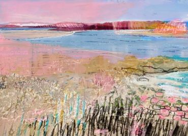 Abstract landscape painting with soft pastel colors.