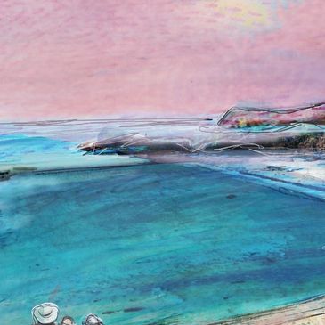 A family enjoys a serene seaside view under a pastel sky.