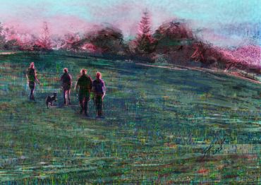 People walking with a dog on a grassy field.