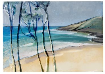 Painting of a beach with trees and hills.