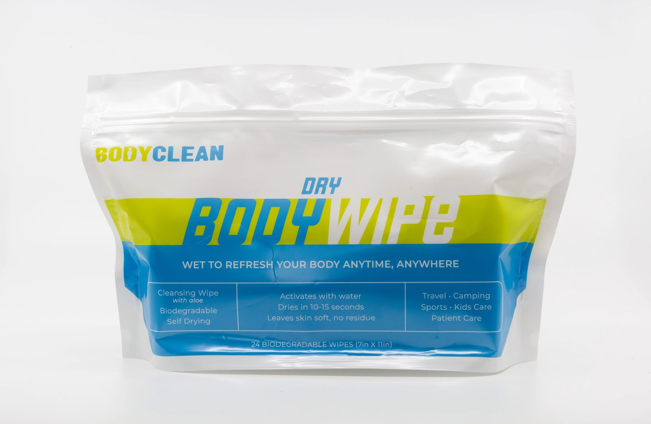 Body Clean Dry Wipes - dry wipe with soap, Vitamin E, Aloe; used for cleaning body; self-drying